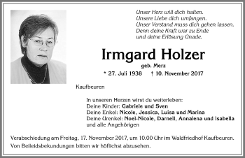 Traueranzeige von Irmgard Holzer von Allgäuer Zeitung, Kaufbeuren/Buchloe