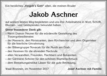 Traueranzeige von Jakob Aschner von Allgäuer Zeitung, Kaufbeuren/Buchloe