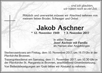 Traueranzeige von Jakob Aschner von Allgäuer Zeitung, Kaufbeuren/Buchloe