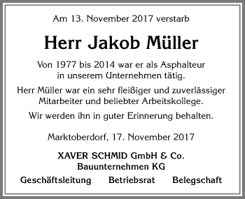 Traueranzeige von Jakob Müller von Allgäuer Zeitung, Marktoberdorf