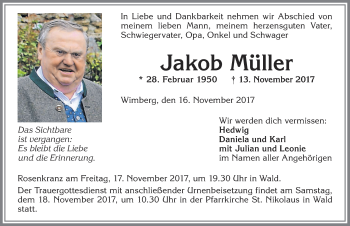 Traueranzeige von Jakob Müller von Allgäuer Zeitung, Marktoberdorf
