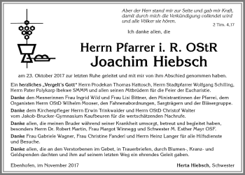 Traueranzeige von Joachim Hiebsch von Allgäuer Zeitung