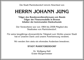 Traueranzeige von Johann Jung von Allgäuer Zeitung, Marktoberdorf