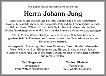 Traueranzeige von Johann Jung von Allgäuer Zeitung, Marktoberdorf