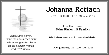 Traueranzeige von Johanna Rottach von Allgäuer Zeitung, Marktoberdorf