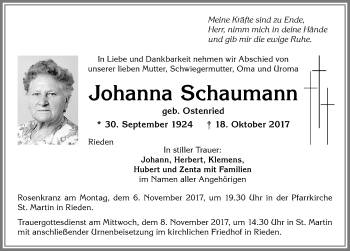 Traueranzeige von Johanna Schaumann von Allgäuer Zeitung, Kaufbeuren/Buchloe