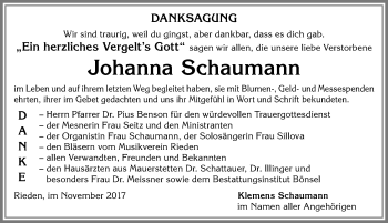 Traueranzeige von Johanna Schaumann von Allgäuer Zeitung, Kaufbeuren/Buchloe