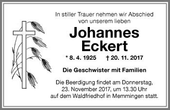 Traueranzeige von Johannes Eckert von Memminger Zeitung