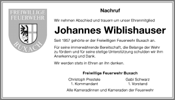 Traueranzeige von Johannes Wiblishauser von Memminger Zeitung