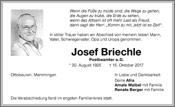 Traueranzeige von Josef Briechle von Memminger Zeitung