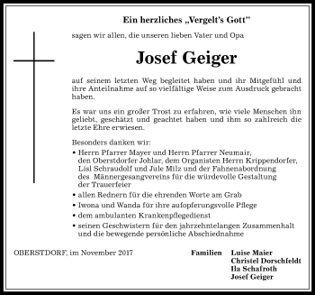 Traueranzeige von Josef Geiger von Allgäuer Anzeigeblatt