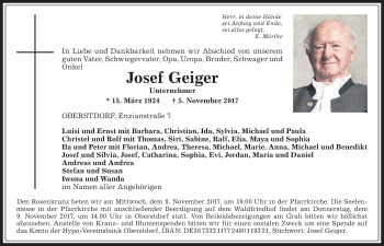 Traueranzeige von Josef Geiger von Allgäuer Zeitung