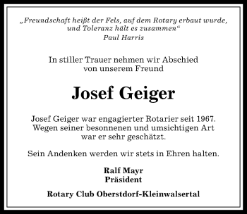 Traueranzeige von Josef Geiger von Allgäuer Anzeigeblatt