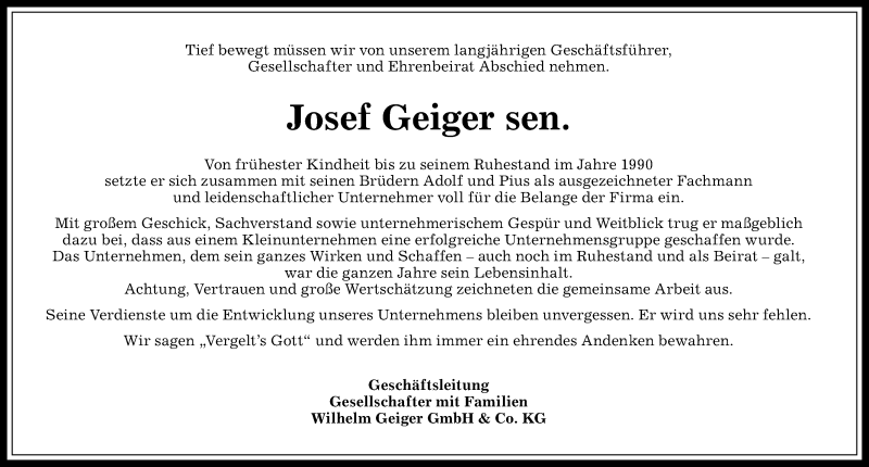  Traueranzeige für Josef Geiger vom 07.11.2017 aus Allgäuer Zeitung, Gesamtausgabe