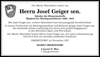 Traueranzeige von Josef Geiger von Allgäuer Anzeigeblatt