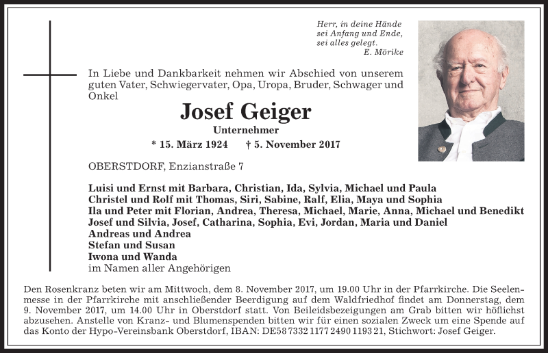  Traueranzeige für Josef Geiger vom 07.11.2017 aus Allgäuer Zeitung