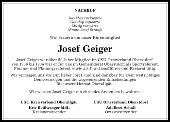 Traueranzeige von Josef Geiger von Allgäuer Anzeigeblatt