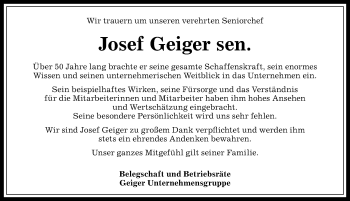 Traueranzeige von Josef Geiger von Allgäuer Zeitung, Gesamtausgabe