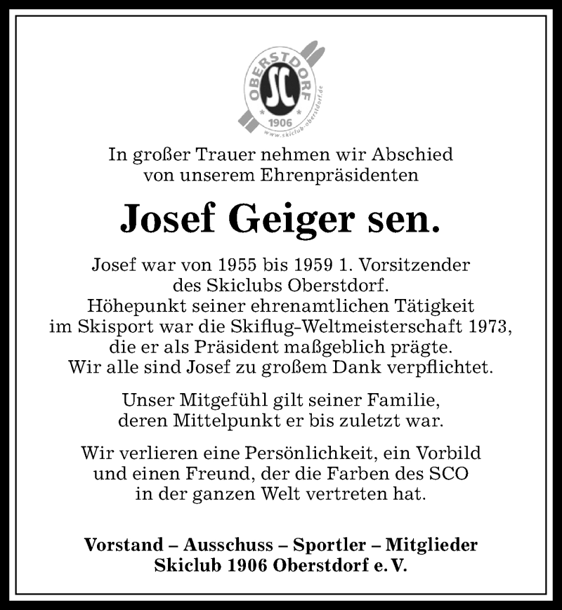  Traueranzeige für Josef Geiger vom 07.11.2017 aus Allgäuer Anzeigeblatt