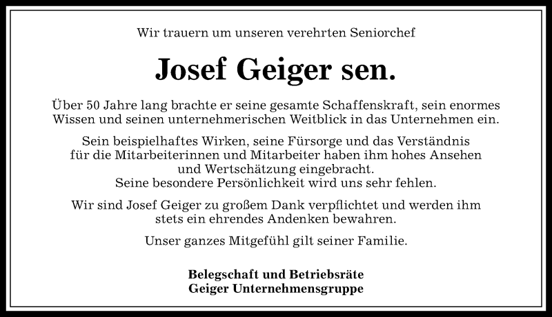  Traueranzeige für Josef Geiger vom 07.11.2017 aus Allgäuer Zeitung, Gesamtausgabe