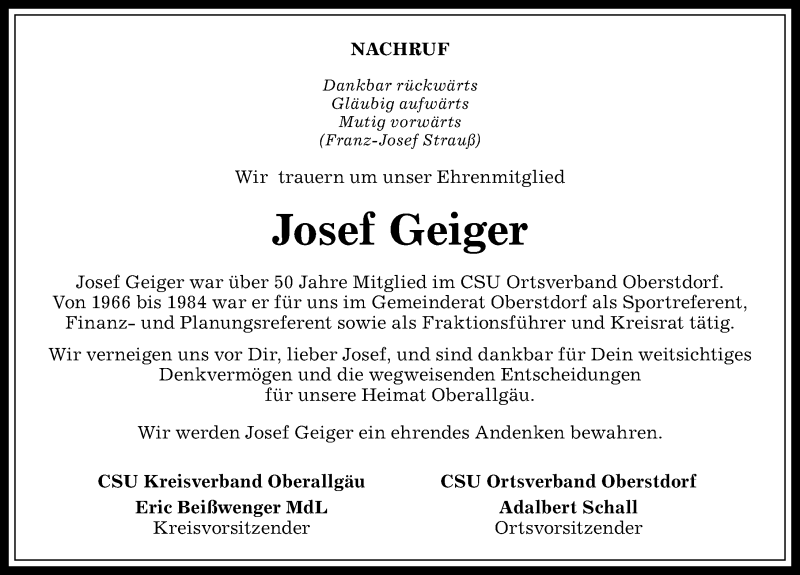  Traueranzeige für Josef Geiger vom 07.11.2017 aus Allgäuer Anzeigeblatt
