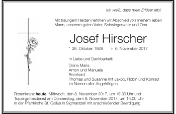 Traueranzeige von Josef Hirscher von Der Westallgäuer