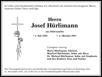 Traueranzeige von Josef Hürlimann von Allgäuer Anzeigeblatt