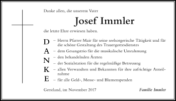 Traueranzeige von Josef Immler von Der Westallgäuer