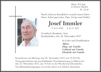 Traueranzeige von Josef Immler von Der Westallgäuer