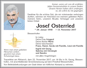 Traueranzeige von Josef Osterried von Allgäuer Zeitung, Kaufbeuren/Buchloe