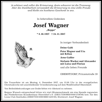 Traueranzeige von Josef Wagner von Allgäuer Anzeigeblatt