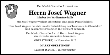 Traueranzeige von Josef Wagner von Allgäuer Anzeigeblatt