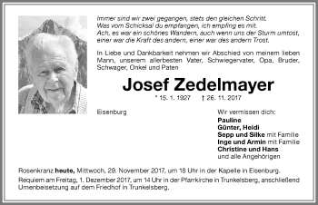 Traueranzeige von Josef Zedelmayer von Memminger Zeitung