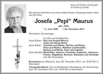 Traueranzeige von Josefa Pepi Maurus von Allgäuer Zeitung, Kaufbeuren/Buchloe