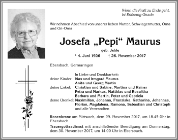 Traueranzeige von Josefa Pepi Maurus von Allgäuer Zeitung, Marktoberdorf