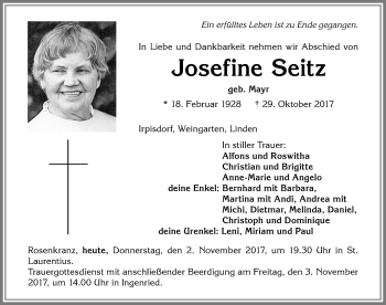Traueranzeige von Josefine Seitz von Allgäuer Zeitung, Kaufbeuren/Buchloe