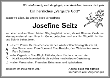 Traueranzeige von Josefine Seitz von Allgäuer Zeitung, Kaufbeuren/Buchloe