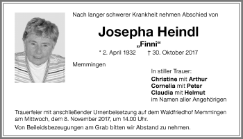 Traueranzeige von Josepha Heindl von Memminger Zeitung