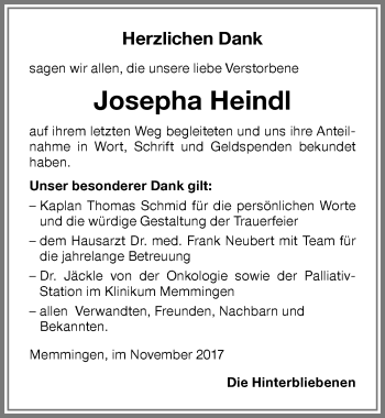 Traueranzeige von Josepha Heindl von Memminger Zeitung