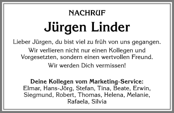 Traueranzeige von Jürgen Linder von Allgäuer Zeitung, Füssen