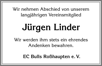 Traueranzeige von Jürgen Linder von Allgäuer Zeitung, Füssen