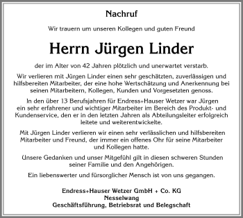 Traueranzeige von Jürgen Linder von Allgäuer Zeitung, Füssen