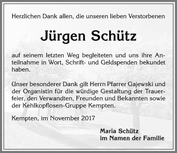 Traueranzeige von Jürgen Schütz von Allgäuer Zeitung,Kempten