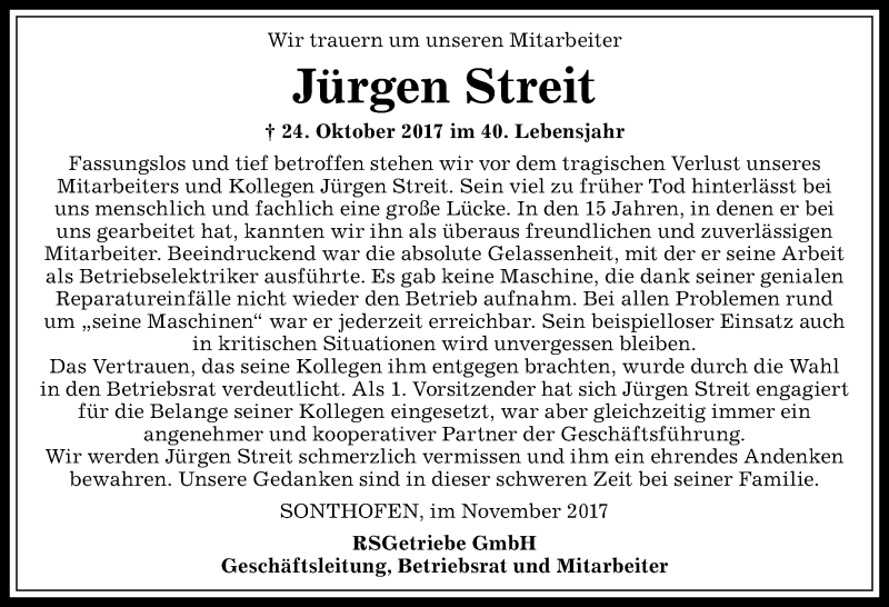  Traueranzeige für Jürgen Streit vom 09.11.2017 aus Allgäuer Anzeigeblatt