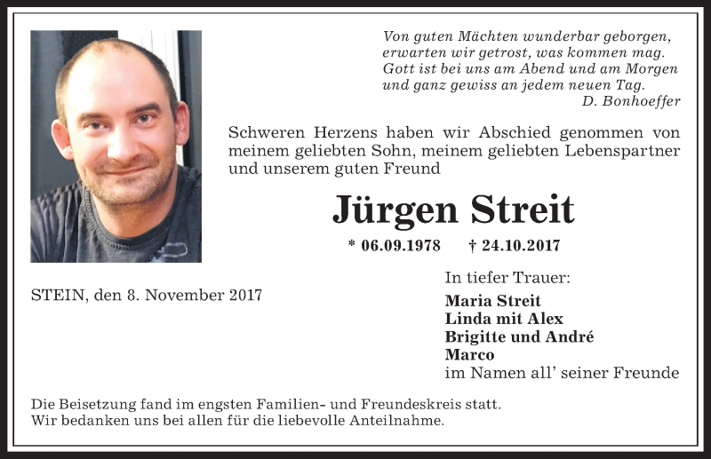  Traueranzeige für Jürgen Streit vom 08.11.2017 aus Allgäuer Anzeigeblatt