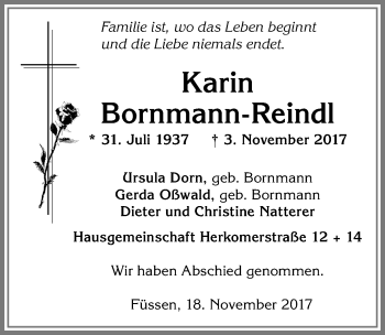 Traueranzeige von Karin Bornmann-Reindl von Allgäuer Zeitung, Füssen