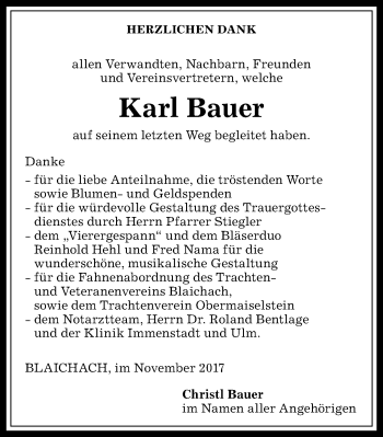 Traueranzeige von Karl Bauer von Allgäuer Anzeigeblatt
