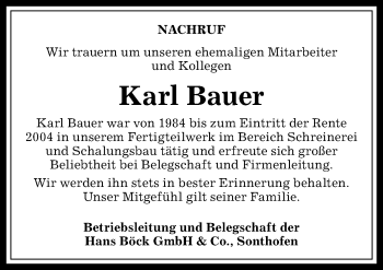 Traueranzeige von Karl Bauer von Allgäuer Anzeigeblatt