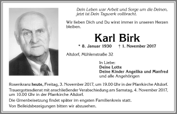 Traueranzeige von Karl Birk von Allgäuer Zeitung, Marktoberdorf