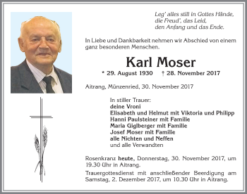 Traueranzeige von Karl Moser von Allgäuer Zeitung, Marktoberdorf